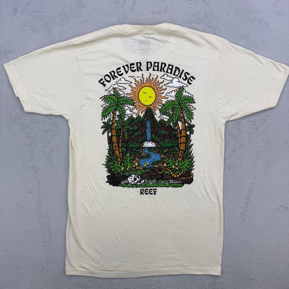 Reef Graphic T-Shirt Mens Small Cream Sun Logo Short Sleeve Paradise Beachwear‎